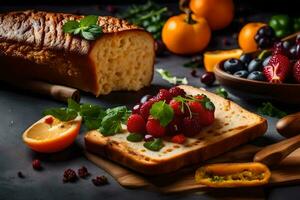 Frais fruit et pain sur une foncé tableau. généré par ai photo