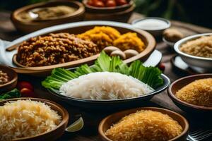 divers les types de riz et autre Ingrédients sur une en bois tableau. généré par ai photo