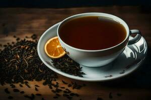 noir thé avec un Orange tranche sur une en bois tableau. généré par ai photo