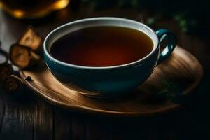 une tasse de thé sur une en bois tableau. généré par ai photo