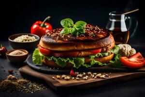 une Hamburger avec tomates, salade et autre ingrédients. généré par ai photo