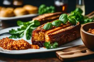 une assiette avec nourriture sur il et une bol de aliments. généré par ai photo