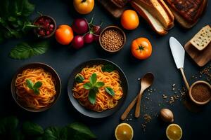 spaghetti avec tomates, basilic et pain sur une foncé Contexte. généré par ai photo