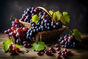 les raisins dans une panier sur une en bois tableau. généré par ai photo