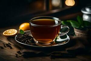 une tasse de thé sur une en bois tableau. généré par ai photo