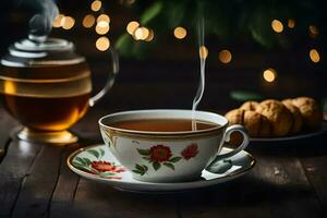 une tasse de thé et biscuits sur une en bois tableau. généré par ai photo