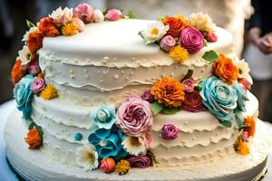 une mariage gâteau avec coloré fleurs sur Haut. généré par ai photo