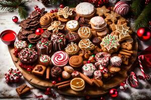 Noël biscuits et des sucreries sur une en bois plat. généré par ai photo