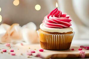 une petit gâteau avec rose Glaçage et une bougie. généré par ai photo