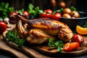 une rôti poulet sur une Coupe planche avec des légumes. généré par ai photo