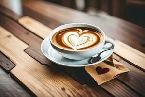 une tasse de café avec une cœur en forme de latté art sur le tableau. généré par ai photo