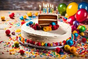 une anniversaire gâteau avec bougies et des ballons. généré par ai photo