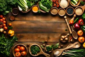 divers des légumes et des fruits arrangé dans en bois boules. généré par ai photo