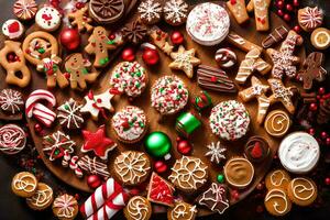 une grand assortiment de Noël biscuits et des sucreries. généré par ai photo