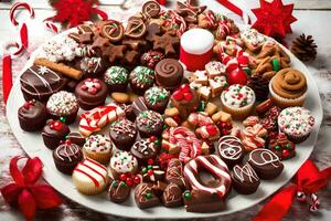 une plat de Noël des chocolats sur une en bois tableau. généré par ai photo