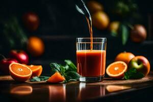 Orange jus étant versé dans une verre. généré par ai photo