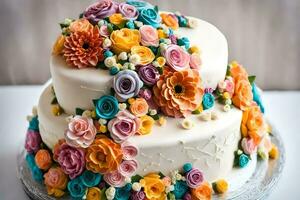 une gâteau décoré avec coloré fleurs. généré par ai photo