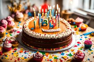 une anniversaire gâteau avec bougies sur il. généré par ai photo