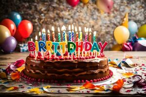 une anniversaire gâteau avec bougies sur Haut. généré par ai photo