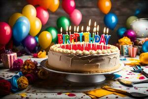 une anniversaire gâteau avec bougies sur Haut et des ballons. généré par ai photo