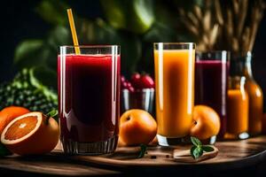 Frais fruit et jus sur une en bois tableau. généré par ai photo