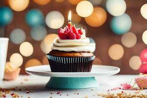 une petit gâteau avec une bougie sur Haut et une tasse de café. généré par ai photo