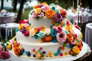 une mariage gâteau avec coloré fleurs sur Haut. généré par ai photo