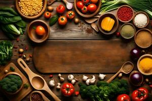une en bois table avec divers les types de des légumes et épices. généré par ai photo
