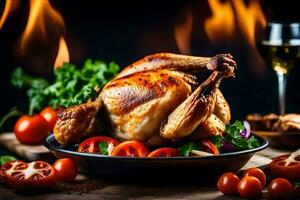 une rôti poulet sur une assiette avec des légumes et tomates. généré par ai photo