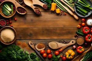 une en bois table avec divers des légumes et épices. généré par ai photo