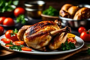 une rôti poulet sur une assiette avec des légumes. généré par ai photo