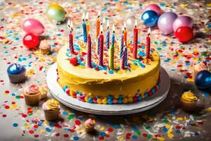 une anniversaire gâteau avec bougies sur il. généré par ai photo