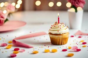 une petit gâteau avec une Célibataire bougie sur il. généré par ai photo