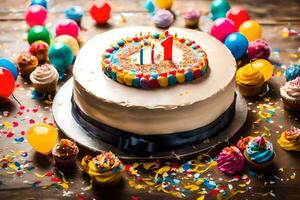 une anniversaire gâteau avec une nombre un sur il. généré par ai photo