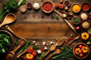 une en bois table avec beaucoup différent les types de des légumes et épices. généré par ai photo