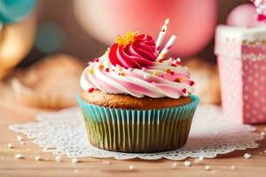 une petit gâteau avec rose Glaçage et une bougie. généré par ai photo