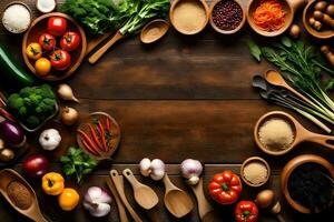 une en bois table avec beaucoup différent les types de des légumes. généré par ai photo