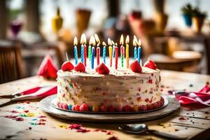 une anniversaire gâteau avec allumé bougies sur Haut. généré par ai photo