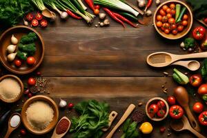 une en bois table avec divers des légumes et épices. généré par ai photo