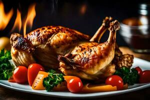 une rôti poulet sur une assiette avec des légumes. généré par ai photo