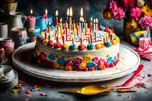 une anniversaire gâteau avec bougies sur il. généré par ai photo