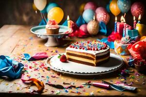 anniversaire gâteau sur une table avec confettis et des ballons. généré par ai photo