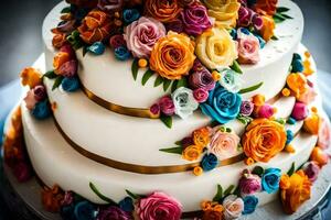 une mariage gâteau avec coloré fleurs sur Haut. généré par ai photo
