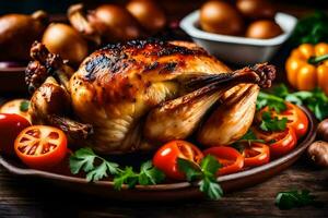 rôti poulet avec des légumes et des œufs sur une en bois tableau. généré par ai photo