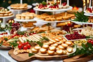 une buffet table avec beaucoup différent les types de aliments. généré par ai photo