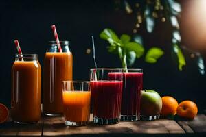 une variété de jus et fruit sur une en bois tableau. généré par ai photo