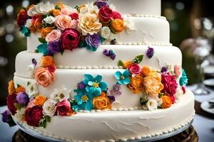 une mariage gâteau avec coloré fleurs sur Haut. généré par ai photo