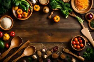 une en bois table avec divers des légumes et épices. généré par ai photo