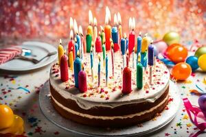 une anniversaire gâteau avec bougies sur il. généré par ai photo