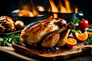 rôti poulet sur une en bois Coupe planche avec des légumes. généré par ai photo